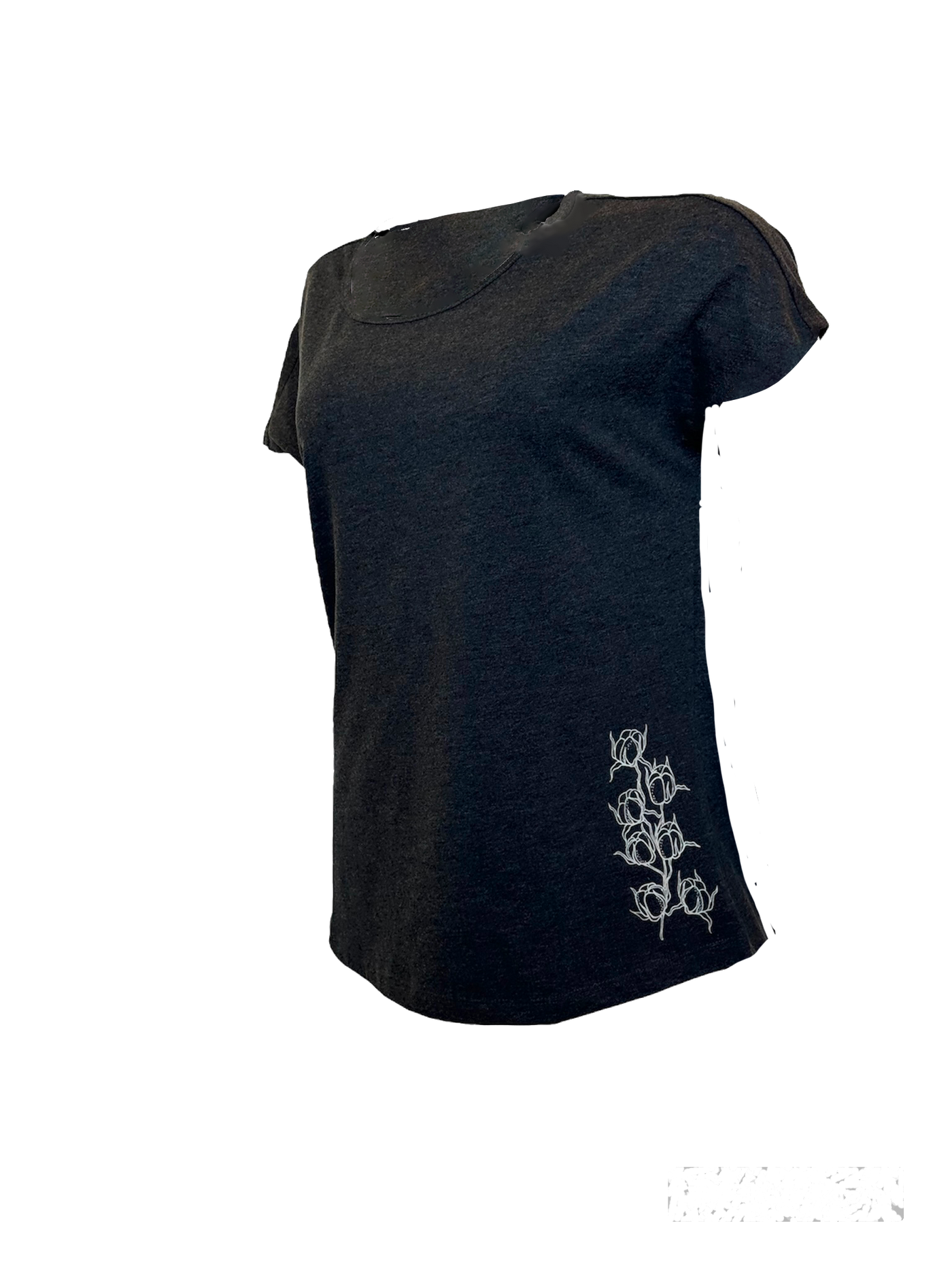T-shirt gris en coton biologique col rond avec un imprimé de fleur de coton au bas sur le coté gauche.