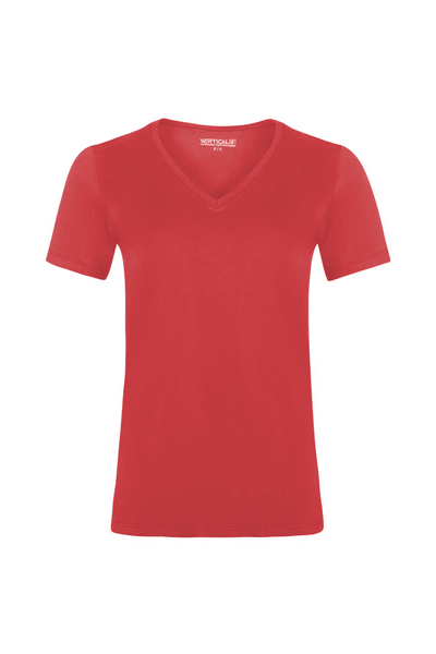 T-shirt uni rouge col V en coton organique pour femme