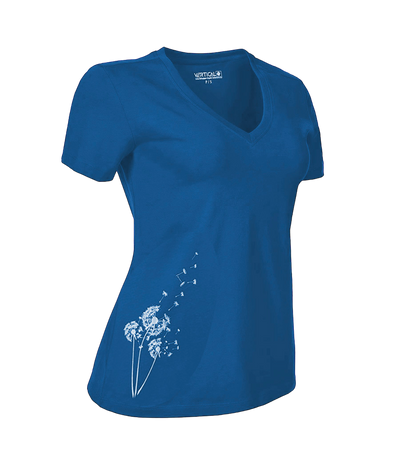 T-shirt bleu col V en coton biologique avec un imprimé de pissenlit au bas coté droit.