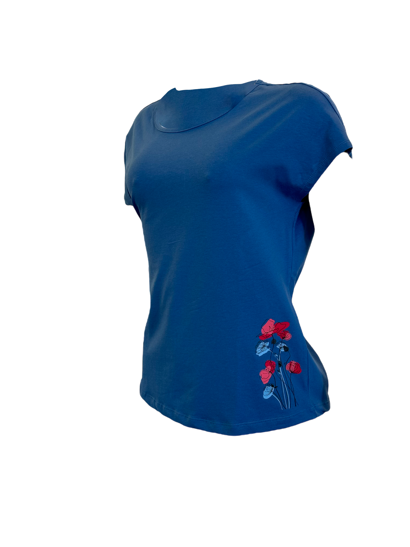 T-shirt bleu en coton biologique avec un imprimé fleurs au bas coté gauche.