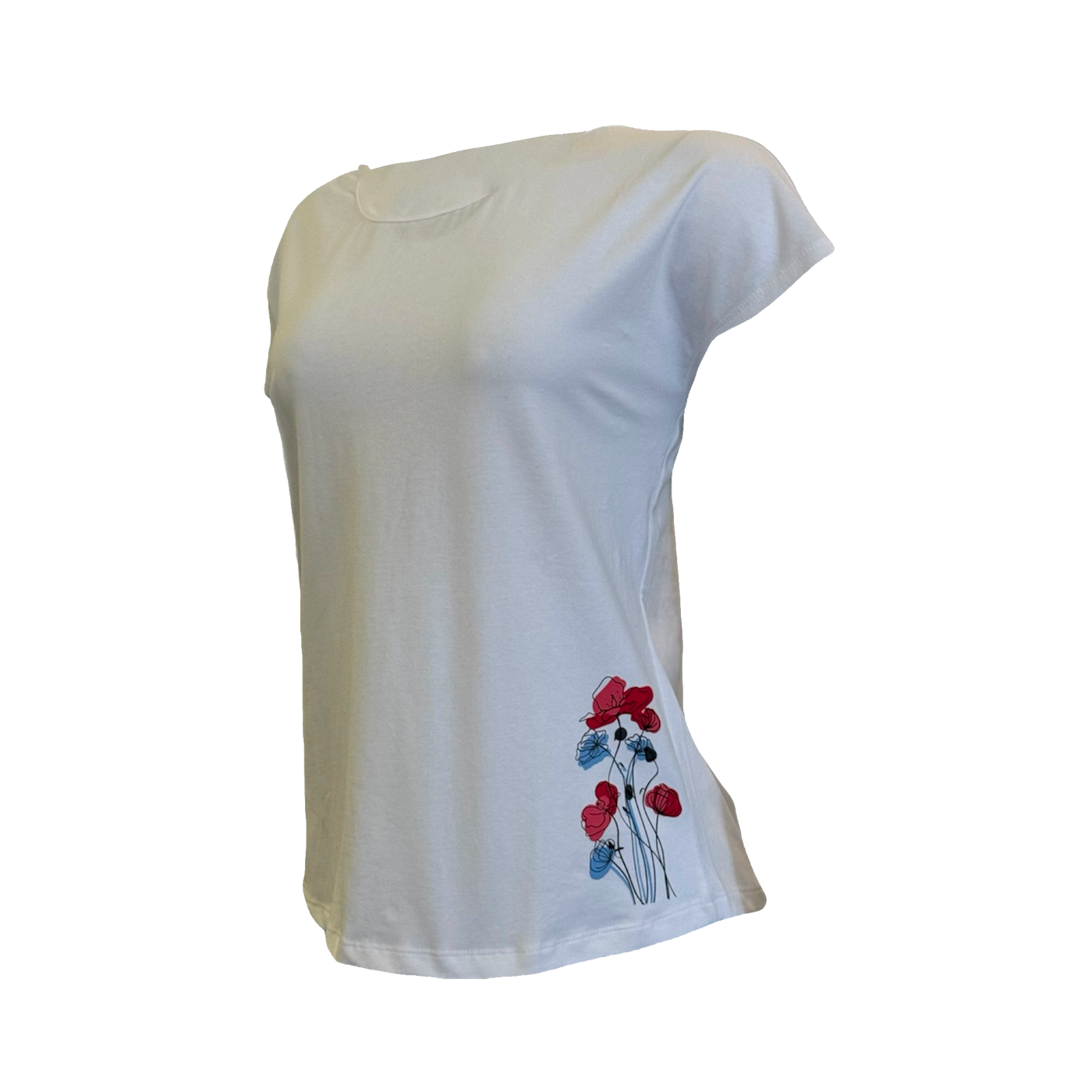 T-shirt blanc col rond en coton biologique avec un imprimé fleurs au bas coté gauche.