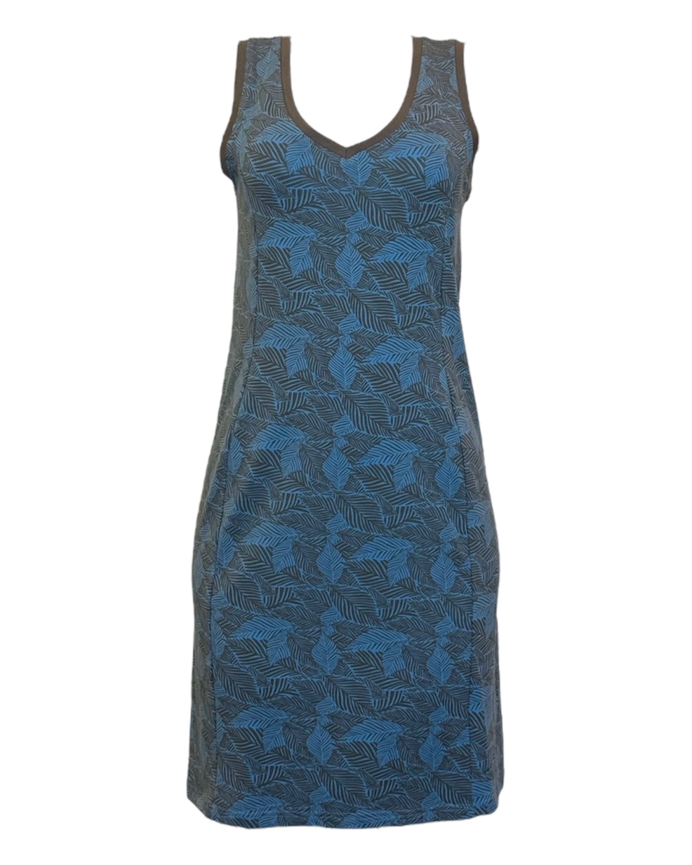 Jolie robe d'été col en V  pour femme sans manche imprimé bleu et noir en coton organique