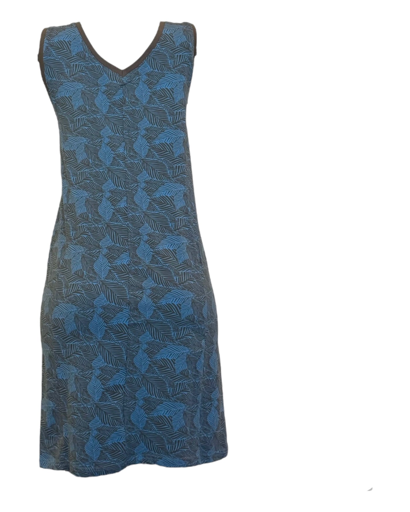 Jolie robe d'été col en v pour femme sans manche imprimé bleu et noir en coton organique